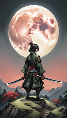 1girl,solo,black hair,1boy,holding,standing,ponytail,weapon,male focus,boots,japanese clothes,looking back,sword,kimono,hair bun,from behind,holding weapon,armor,tree,sash,holding sword,moon,single hair bun,katana,shoulder armor,nature,full moon,dual wielding,mountain,japanese armor,red moon,samurai,short hair,outdoors,sky,black eyes,night