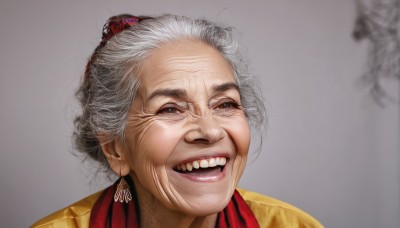 1girl,solo,looking at viewer,smile,open mouth,simple background,jewelry,white hair,grey hair,earrings,teeth,grey background,hair bun,single hair bun,portrait,realistic,old,old woman,wrinkled skin,blue eyes,hair ornament,1boy,grin,black eyes,parody,old man