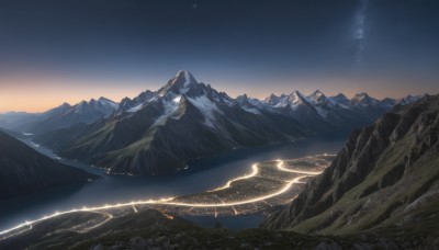 outdoors,sky,cloud,water,no humans,night,star (sky),nature,night sky,scenery,starry sky,sunset,mountain,river,landscape,mountainous horizon,city lights,cliff,horizon