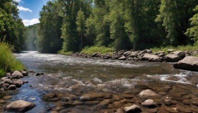 outdoors,sky,day,cloud,water,tree,blue sky,no humans,sunlight,grass,nature,scenery,forest,rock,bush,river,stream,cloudy sky,plant