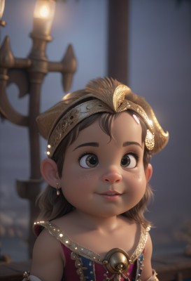 1girl,solo,long hair,smile,brown hair,bare shoulders,brown eyes,jewelry,upper body,earrings,parted lips,detached sleeves,teeth,blurry,flat chest,lips,blurry background,child,freckles,female child,candle,looking at viewer,hair ornament,collarbone,weapon,braid,sword,realistic,nose,axe