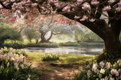 flower,outdoors,day,water,tree,no humans,sunlight,grass,plant,cherry blossoms,nature,scenery,pink flower,forest,reflection,branch,road,river,landscape,lake,path,pond,spring (season),bridge