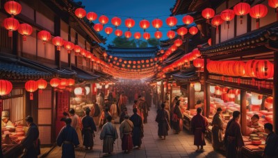 multiple girls,black hair,standing,outdoors,japanese clothes,multiple boys,sky,kimono,tree,night,6+girls,building,night sky,scenery,walking,6+boys,lantern,architecture,fireworks,east asian architecture,paper lantern,crowd,festival,aerial fireworks,people,summer festival,hat,holding,weapon,food,day,sword,blue sky,child,hakama,hakama skirt,road