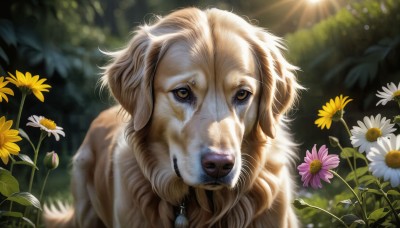 HQ,solo,looking at viewer,brown eyes,braid,flower,outdoors,day,blurry,no humans,depth of field,blurry background,animal,sunlight,white flower,nature,realistic,yellow flower,animal focus,daisy,lion,necklace,dog,light rays