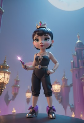 1girl,solo,looking at viewer,short hair,bangs,black hair,holding,brown eyes,jewelry,standing,full body,earrings,outdoors,parted lips,shoes,belt,pants,necklace,black footwear,black eyes,high heels,bracelet,lips,hand on hip,makeup,night,moon,crown,knife,lipstick,child,full moon,female child,blue eyes,weapon,black pants,holding knife,dagger