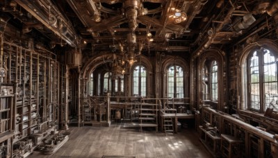 day,indoors,book,no humans,window,chair,table,sunlight,scenery,light rays,wooden floor,stairs,door,railing,bookshelf,architecture,pillar,gears,ceiling,arch,chandelier,plant,fantasy,clock,lamp,candle,stool,candlestand,loaded interior