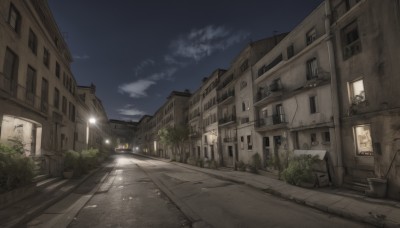 outdoors,sky,cloud,tree,no humans,window,night,cloudy sky,plant,building,night sky,scenery,city,door,road,lamp,bush,house,lamppost,street,pavement,blue sky,ground vehicle,motor vehicle,sign,car,potted plant,cityscape