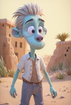 solo,shirt,1boy,jewelry,purple eyes,white shirt,male focus,earrings,outdoors,belt,pants,colored skin,denim,child,furry,freckles,jeans,blue skin,unbuttoned,furry male,male child,cactus,standing,white hair,short sleeves,grey hair,open clothes,collared shirt,artist name,blurry,bracelet,buttons,blurry background,plant,brown belt