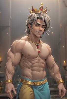 solo,looking at viewer,smile,short hair,1boy,navel,brown eyes,jewelry,closed mouth,nipples,grey hair,male focus,cowboy shot,pants,artist name,indoors,dark skin,necklace,stomach,blurry,bracelet,muscular,blurry background,scar,abs,dark-skinned male,thick eyebrows,crown,pectorals,muscular male,gem,bara,large pectorals,veins,topless male,mature male,candle,manly,biceps,thick arms,veiny arms,bangs,red eyes