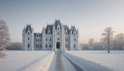 outdoors,sky,day,tree,no humans,window,shadow,building,scenery,snow,road,house,winter,bare tree,street,castle,grey sky,path,church,grass,bush,lamppost,tower,fog