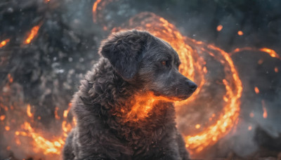 solo, signature, blurry, no humans, blurry background, animal, fire, realistic, kaijuu