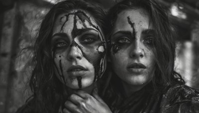 1girl,long hair,looking at viewer,multiple girls,2girls,closed mouth,monochrome,greyscale,parted lips,signature,blurry,lips,blood,blurry background,portrait,blood on face,realistic,1boy,dirty