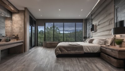 sky,day,cloud,indoors,tree,cup,blue sky,pillow,book,no humans,window,bed,on bed,chair,table,sunlight,cloudy sky,plant,curtains,scenery,wooden floor,door,potted plant,lamp,wall,bedroom,shelf,sink,cabinet,bed sheet,tiles,tile floor,ceiling,ceiling light,rug