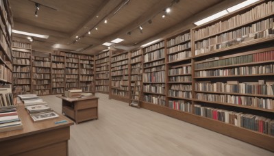 indoors,book,no humans,table,scenery,wooden floor,bookshelf,shelf,book stack,library,ceiling,ladder,ceiling light,chair,desk,paper,lamp