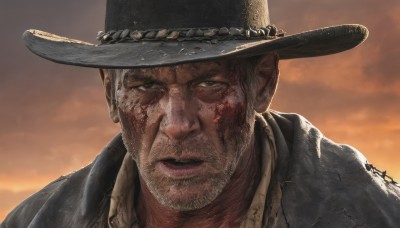 solo,looking at viewer,short hair,shirt,1boy,hat,jacket,grey hair,male focus,outdoors,parted lips,sky,collared shirt,signature,black headwear,blood,facial hair,scar,portrait,beard,blood on face,realistic,stubble,manly,cowboy hat,closed mouth,cloud,lips,cloudy sky,sunset,brown headwear