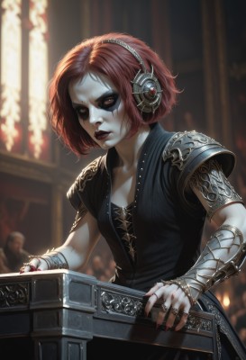 1girl,solo,breasts,looking at viewer,short hair,red eyes,cleavage,jewelry,closed mouth,upper body,short sleeves,red hair,small breasts,solo focus,artist name,indoors,signature,nail polish,armor,blurry,lips,fingernails,makeup,depth of field,blurry background,headphones,scar,ring,lipstick,shoulder armor,red nails,colored sclera,pauldrons,nose,black sclera,red lips,candle,bracer,red sclera,brown hair,dress,orange eyes,facial mark,pale skin,facepaint