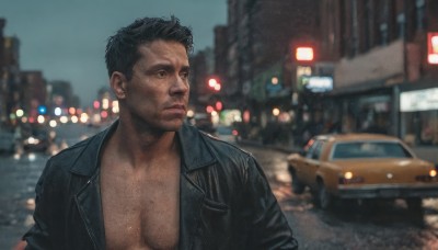 solo,short hair,black hair,1boy,closed mouth,jacket,upper body,male focus,outdoors,open clothes,blurry,black eyes,open jacket,black jacket,looking to the side,muscular,night,blurry background,facial hair,pectorals,muscular male,ground vehicle,motor vehicle,beard,city,realistic,stubble,car,leather,chest hair,leather jacket,blue eyes,shirt,sky,depth of field,building,night sky,road,bokeh,photo background