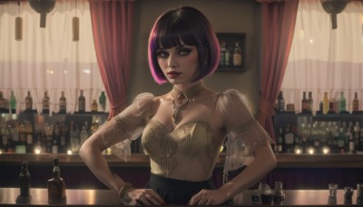 1girl,solo,breasts,looking at viewer,short hair,bangs,black hair,cleavage,brown eyes,jewelry,medium breasts,closed mouth,collarbone,upper body,pink hair,purple hair,multicolored hair,earrings,choker,indoors,dark skin,blunt bangs,necklace,nail polish,bracelet,two-tone hair,dark-skinned female,lips,see-through,makeup,bob cut,bottle,lipstick,curtains,gem,red nails,camisole,alcohol,eyeshadow,hands on hips,realistic,nose,spaghetti strap,wine bottle,mascara,skirt,dress,short sleeves,parted lips,black skirt,streaked hair,window,piercing,ring,ear piercing,red lips,bar (place)