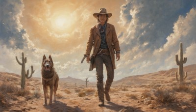 solo,looking at viewer,smile,open mouth,blonde hair,shirt,long sleeves,1boy,hat,standing,jacket,full body,closed eyes,weapon,grey hair,male focus,boots,outdoors,open clothes,sky,day,belt,pants,cloud,black footwear,coat,gun,facial hair,chain,animal,black pants,cloudy sky,blue shirt,scenery,beard,walking,dog,brown jacket,brown headwear,sun,brown pants,brown coat,cowboy hat,revolver,desert,cowboy western,gloves,holding,closed mouth,holding weapon,brown footwear,sunlight,grass,handgun,sand,holster,footprints,holstered weapon,cactus,bandolier