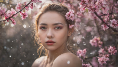 1girl, solo, long hair, looking at viewer, blonde hair, brown hair, bare shoulders, brown eyes, upper body, flower, blurry, lips, petals, depth of field, cherry blossoms, portrait, freckles, realistic, nose, branch