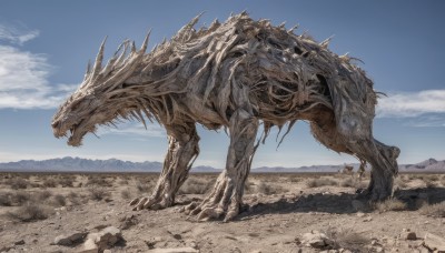 open mouth,outdoors,sky,teeth,day,cloud,blue sky,no humans,sharp teeth,scenery,claws,spikes,monster,mountain,sand,desert,dinosaur,from side,rock