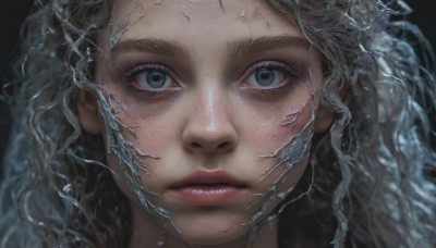 1girl,solo,long hair,looking at viewer,blue eyes,simple background,closed mouth,grey hair,lips,grey eyes,eyelashes,wavy hair,black background,portrait,close-up,freckles,realistic,nose,straight-on,sweat,water,expressionless,curly hair