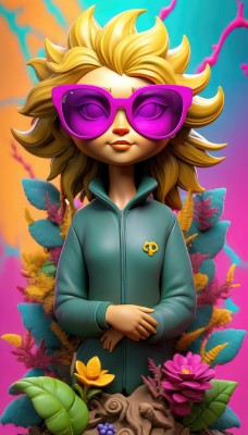 1girl,solo,long hair,smile,blonde hair,long sleeves,jacket,closed eyes,upper body,flower,parted lips,teeth,makeup,leaf,sunglasses,lipstick,spiked hair,facing viewer,furry,track jacket,purple flower,tinted eyewear,purple-tinted eyewear,lips,aged down,zipper,track suit