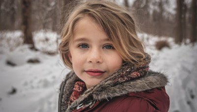 1girl,solo,looking at viewer,smile,short hair,blue eyes,blonde hair,closed mouth,outdoors,hood,scarf,blurry,tree,lips,coat,fur trim,depth of field,blurry background,hood down,portrait,snow,freckles,snowing,realistic,winter clothes,winter,parted lips,teeth,grey eyes,red lips,red coat