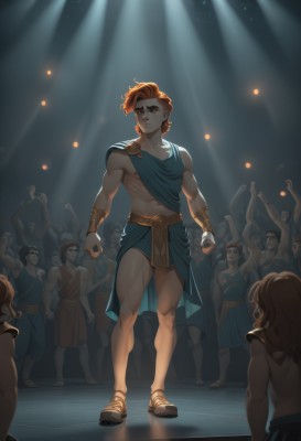 short hair,brown hair,1boy,jewelry,standing,full body,male focus,earrings,multiple boys,solo focus,artist name,orange hair,armor,arms up,muscular,abs,sandals,thick eyebrows,pectorals,muscular male,clenched hands,6+boys,light,bracer,dancing,single bare shoulder,crowd,stage,tunic,spotlight,greek clothes,multiple girls,navel,closed mouth,nipples,red hair,cape,people