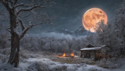 outdoors,sky,cloud,tree,no humans,night,moon,fire,star (sky),nature,night sky,scenery,snow,full moon,forest,starry sky,snowing,mountain,house,winter,bare tree,log,campfire,grass,rock,landscape,moonlight,torch