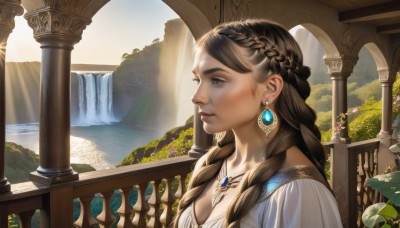 1girl,solo,long hair,breasts,blue eyes,brown hair,dress,cleavage,jewelry,medium breasts,closed mouth,upper body,braid,flower,earrings,outdoors,day,water,necklace,white dress,twin braids,from side,lips,eyelashes,profile,makeup,looking away,sunlight,plant,gem,scenery,hair over shoulder,pendant,realistic,nose,fantasy,railing,looking afar,pillar,waterfall,mascara,arch,garden,column,bangs,collarbone,sky,artist name,tree,leaf,thick eyebrows,portrait,french braid,pink flower,light rays,pink lips,bush,crown braid,sunbeam,lake,blue gemstone