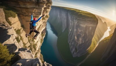 solo,gloves,long sleeves,1boy,hat,jacket,male focus,outdoors,sky,shoes,day,pants,cloud,fingerless gloves,water,bag,arms up,pokemon (creature),grass,outstretched arms,blue jacket,scenery,baseball cap,red headwear,poke ball,rock,jumping,mountain,river,cliff,red hair,landscape