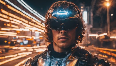 solo,brown hair,1boy,upper body,male focus,dark skin,armor,blurry,lips,blurry background,dark-skinned male,goggles,portrait,science fiction,curly hair,city,realistic,very dark skin,lights,cyberpunk,1girl,short hair,black hair,jewelry,closed mouth,jacket,earrings,night,depth of field,facial hair,sunglasses,facing viewer,backlighting,light,leather,leather jacket,spacecraft,afro