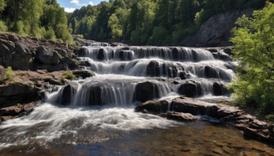 outdoors,sky,day,cloud,water,tree,blue sky,no humans,sunlight,nature,scenery,forest,rock,river,waterfall,landscape,cliff,moss,stream