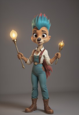 solo,looking at viewer,smile,short hair,open mouth,simple background,shirt,1boy,holding,animal ears,brown eyes,jewelry,blue hair,standing,tail,full body,white shirt,male focus,red hair,multicolored hair,boots,grey background,two-tone hair,shadow,brown footwear,suspenders,furry,personification,wand,overalls,furry male,mohawk,1girl,long sleeves,green hair,teeth,collared shirt,artist name,happy,fire,spiked hair,cross-laced footwear,freckles,furry female,candle,body fur,animal nose,brown fur,blue overalls