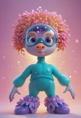 1girl,solo,looking at viewer,smile,blue eyes,long sleeves,closed mouth,standing,full body,flower,shoes,artist name,lips,gradient,gradient background,bodysuit,goggles,child,backlighting,arms at sides,diving mask,1boy,blue hair,purple eyes,male focus,eyelashes,colored skin,bird,bubble,green shirt