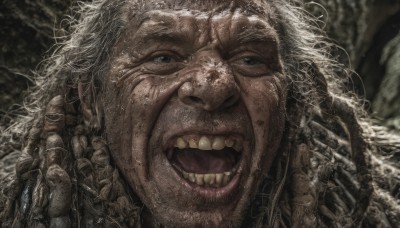 solo,looking at viewer,open mouth,1boy,white hair,male focus,teeth,portrait,close-up,realistic,old,old man,wrinkled skin,smile,blue eyes,:d,grey hair,grey eyes,facial hair,beard