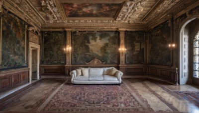 sky,cloud,indoors,tree,no humans,window,chair,scenery,couch,wooden floor,stairs,door,architecture,east asian architecture,pillar,painting (object),carpet,rug,chandelier,pillow,light,lamp,candle,wall,picture frame,candlestand,fireplace