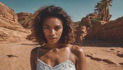 1girl,solo,breasts,looking at viewer,short hair,brown hair,black hair,cleavage,bare shoulders,brown eyes,medium breasts,upper body,outdoors,sky,day,dark skin,dark-skinned female,tree,lips,camisole,curly hair,realistic,nose,spaghetti strap,very dark skin,desert,dress,scenery,sand,dreadlocks