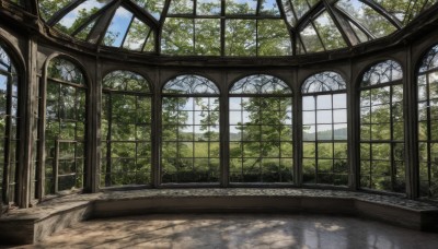 outdoors,sky,day,cloud,indoors,tree,blue sky,no humans,window,shadow,sunlight,plant,nature,scenery,forest,reflection,pillar,arch,cloudy sky,ruins,landscape,reflective floor,overgrown