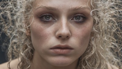 1girl,solo,long hair,looking at viewer,blonde hair,brown eyes,closed mouth,mole,blurry,lips,grey eyes,eyelashes,wavy hair,portrait,close-up,freckles,curly hair,realistic,nose,mole on cheek,expressionless