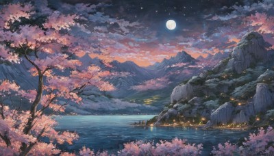 outdoors,sky,cloud,water,tree,no humans,night,moon,cloudy sky,cherry blossoms,star (sky),nature,night sky,scenery,full moon,starry sky,reflection,mountain,horizon,branch,river,landscape,mountainous horizon,lake,flower,ocean,rock