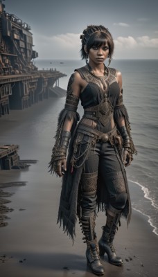 1girl,solo,breasts,looking at viewer,short hair,black hair,cleavage,bare shoulders,jewelry,medium breasts,standing,full body,earrings,boots,outdoors,sky,belt,pants,cloud,fingerless gloves,water,necklace,black footwear,high heels,tattoo,makeup,ocean,beach,black pants,ring,feathers,lipstick,black nails,scenery,high heel boots,hoop earrings,sand,headdress,arm tattoo,black lips,lips,realistic