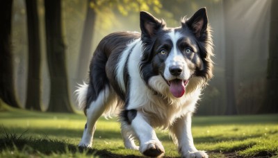 HQ,solo,open mouth,blue eyes,full body,outdoors,day,tongue,tongue out,blurry,tree,no humans,blurry background,animal,fangs,sunlight,grass,nature,forest,dog,light rays,realistic,animal focus,looking at viewer,standing,signature,depth of field,wolf