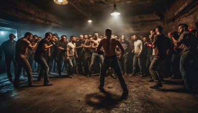 short hair,multiple girls,brown hair,shirt,black hair,jacket,multiple boys,pants,indoors,muscular,6+boys,jeans,realistic,ceiling light,gloves,hat,weapon,male focus,gun,mask,facial hair,denim,t-shirt,beard,topless male,bald