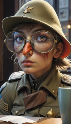 1girl,solo,looking at viewer,short hair,bangs,brown hair,hat,brown eyes,closed mouth,jacket,upper body,glasses,indoors,blurry,uniform,cup,lips,military,blood,military uniform,blurry background,helmet,portrait,freckles,military hat,blood on face,mug,paper,realistic,nose,round eyewear,brown headwear,badge,dirty,world war ii,soldier,dirty face,brown-framed eyewear,food,eyelashes,zipper,brown jacket,coffee,coffee mug