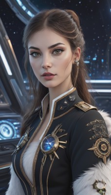 1girl,solo,long hair,breasts,looking at viewer,brown hair,brown eyes,jewelry,jacket,upper body,earrings,parted lips,uniform,lips,fur trim,makeup,science fiction,realistic,nose,medium breasts,eyelashes,lipstick,forehead,eyeshadow