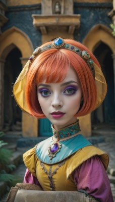 1girl,solo,looking at viewer,short hair,bangs,dress,holding,jewelry,closed mouth,green eyes,upper body,red hair,hairband,outdoors,choker,puffy sleeves,necklace,orange hair,blurry,lips,eyelashes,makeup,blurry background,bob cut,lipstick,gem,eyeshadow,basket,mascara,long sleeves,hat,earrings,parted lips,artist name,tiara,pink lips,realistic,nose