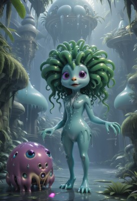 1girl,solo,breasts,looking at viewer,smile,navel,nipples,standing,purple eyes,full body,nude,small breasts,green hair,teeth,pussy,water,wet,colored skin,leaf,plant,monster girl,monster,blue skin,creature,green skin,mushroom,dripping,slime (substance),no pussy,kappa,long hair,open mouth,blue eyes,fangs,rain,extra eyes,plant girl