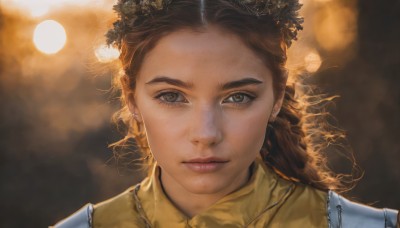 1girl,solo,long hair,looking at viewer,brown hair,shirt,hair ornament,brown eyes,jewelry,closed mouth,earrings,necklace,blurry,lips,eyelashes,depth of field,blurry background,portrait,freckles,realistic,nose,head wreath